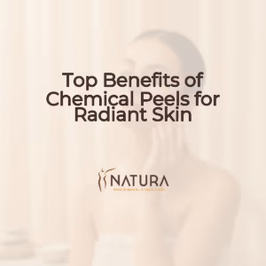 A tasteful female model with natural glowing skin, relaxed pose touching face, and a genuine confident smile is featured in a professional skincare promotional background with a very soft, warm, natural aesthetic. The background is slightly blurred with soft diffused lighting, maintaining a luxurious, natural, trustworthy, and spa-like mood.