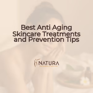 A woman with naturally glowing skin smiling confidently against a soft, blurred background, representing natural beauty and relaxation.