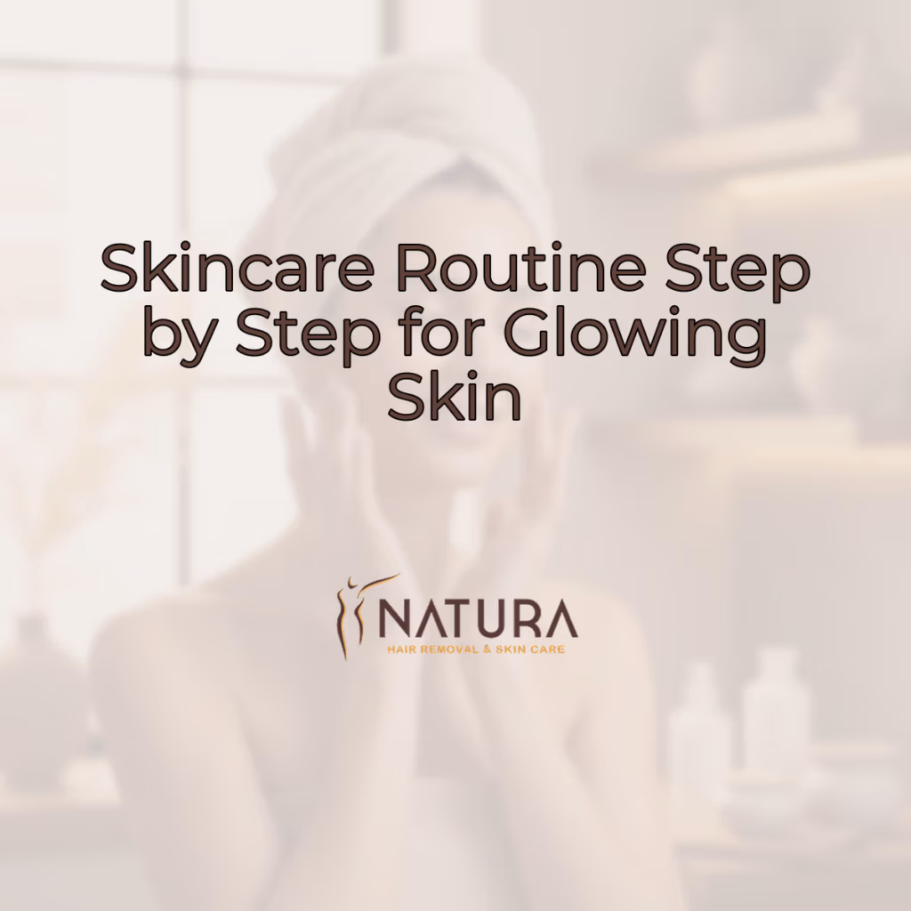 A woman with glowing skin relaxing in a spa setting with a genuine smile. Warm, natural tones.