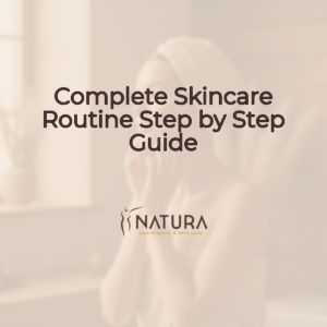 A serene, warm background for a skincare routine guide, featuring a relaxed woman with glowing skin in a spa setting.